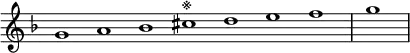 \relative c'' {
\new Staff \with { \remove "Time_signature_engraver" }
{ \key d \minor \time 1/1 \cadenzaOn g1 a bes cis^\markup{※} d e f \bar "|" g \bar"|"}
}