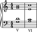 \new PianoStaff  << 
\new Staff \with{ \magnifyStaff #4/5 } \relative c''{\numericTimeSignature \clef treble <g b>1 <e c'>}
\new Staff \with{ \magnifyStaff #4/5 } \relative c'{\numericTimeSignature \clef bass <g d'>_\markup V <a c>_\markup VI}
>>