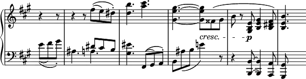 \relative c' {
\new PianoStaff <<
\new Staff \with { \remove "Time_signature_engraver" } { \key a \major \time 6/8 \partial 4.
r4 r8 r4 r8 fis'\( ( e) dis-.\) <b' d,>4. <cis a> <gis~ e~ gis,~>
<gis e gis,>8\cresc fisis,( gis b r <e, b gis>\p <gis e b>4 <fis dis b>8) <b e, b>4.
}
\new Staff \with { \remove "Time_signature_engraver" } { \key a \major \time 6/8 \partial 4. \clef bass
<<
{ s4. s4. dis,8 cis b s4. fis,8\( ( gis) a-.\) s2. s4 <b~ b,~>8 <b b,>4 <a a,>8 <gis gis,> }
\\
{ e''8\( ( fis) gis-.\) ais,4. a <eis' gis,>4. s4. b,8 ais'( b e!4) d,8\rest d4\rest s2 s8 }
>>
}
>>
}