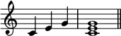 {\omit Staff.TimeSignature \time 3/4 c'4e'g' \time 4/4 <c'e'g'>1 \bar "||"}