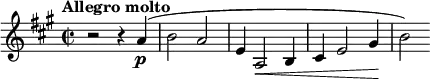 \relative g' { \key a \major \time 2/2 \tempo "Allegro molto" r2 r4 a\p( | b2 a | e4 a,2\< b4 | cis e2 gis4\! | b2) }