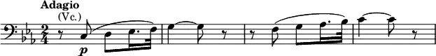 \relative g, { \clef bass \key c \minor \time 2/4 \tempo "Adagio" r8^\markup { (Vc.)} c8\p( d es16. f32) | g4~ g8 r8 | r f8( g as16. bes32) | c4~ c8 r8 }