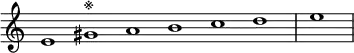 \relative c' {
\new Staff \with { \remove "Time_signature_engraver" }
{ \key c \major \time 1/1 \cadenzaOn e1 gis^\markup{※} a b c d \bar "|" e \bar"|"}
}