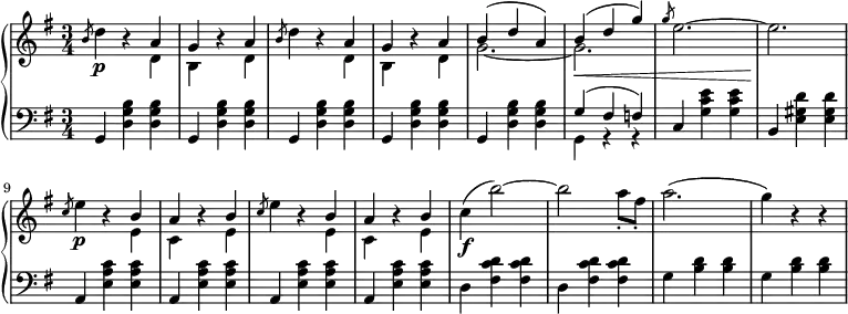 \relative c' {
\new PianoStaff <<
\new Staff { \key e \minor \set Score.tempoHideNote = ##t \tempo 2.=52 \time 3/4
<<
{
\slashedGrace b'8 \stemUp s4 b4\rest a g b4\rest a \slashedGrace b8 s4 b4\rest a g b4\rest a b^( d a) b^( d g) \slashedGrace g8 s2. s \slashedGrace c,8 s4 b4\rest b a b4\rest b \slashedGrace c8 s4 b4\rest b a b4\rest b
}
\\
{
\slashedGrace s8 \stemDown d4\p s4 d, b s d d'4 s4 d, b s d g2.~ g\< e'2.^~ e\! e4\p s4 e, c s e e'4 s4 e, c s e c'\f^( b'2^~) b a8-. fis-. a2.^( g4) b,4\rest b4\rest
}
>>
}
\new Dynamics {
}
\new Staff { \key e \minor \time 3/4 \clef bass
<<
{ \slashedGrace s8 \stemUp g,,4 s s g s s g s s g s s g s s g'^( fis f) c s s b s s a s s a s s a s s a }
\\
{ \slashedGrace s8 \stemDown s4 <d g b> <d g b> s <d g b> <d g b> s <d g b> <d g b> s <d g b> <d g b> s <d g b> <d g b> g, r r s <g' c e> <g c e> s <e gis d'> <e gis d'> s <e a c> <e a c> s <e a c> <e a c> s <e a c> <e a c> s <e a c> <e a c> d <fis c' d> <fis c' d> d <fis c' d> <fis c' d> g <b d> <b d> g <b d> <b d> }
>>
}
>>
}