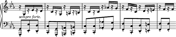 
 \relative c' {
  \new PianoStaff <<
   \new Staff \with { \remove "Time_signature_engraver" } { \key c \minor \time 2/4 \partial 4.
    r16 g[ r es' r d] r c[ r g] r a[ r b] r c[ r c] r aes'![ r g] r f[ r c] r d[ r e] r f[ r f]
   }
   \new Dynamics {
    s1_\markup { \italic { sempre forte. } }
   }
   \new Staff = "down" \with { \remove "Time_signature_engraver" } { \key c \minor \time 2/4 \partial 4. \clef bass
    <g,, g,>8-.[ <es' es,>-. <d d,>-.] <c c,>-.[ <g g,>-. <a a,>-. <b b,>-.]
    <c c,>-.[ <c c,>-. <aes'! aes,!>-. <g g,>-.] <f f,>-.[ <c c,>-. <d d,>-. <e e,>-.] <f f,>-. <f f,>-.
   }
  >>
 }
