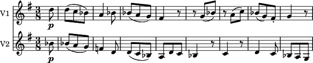 \version "2.18.2"
<<
\new Staff \with { instrumentName = #"V1 "} \relative c'' {
\key g \major
\time 3/8
\partial 8 d8 \p d (c bes)
a4 bes8
bes8 (a g)
fis4 r8
r8 g (bes)
r a (c)
bes (g) fis-.
g4 r8
}
\new Staff \with { instrumentName = #"V2 "} \relative c'' {
\key g \major
\time 3/8
\partial 8 bes8 \p bes (a g)
f4 d8
d (c bes)
a d c
bes4 r8
c4 r8
d4 c8
bes a g
}
>>
\midi {
\context {
\Score
tempoWholesPerMinute = #(ly:make-moment 140 4)
}
}