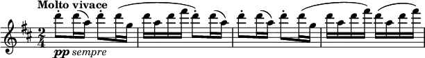 \relative c''' {
\key d \major
\time 2/4
\tempo "Molto vivace"
d8-.-\markup{\dynamic "pp" \italic "sempre"} d16( a) d8-. d16( g, | d' a d fis d8-.) d16( a) |
d8-. d16( a) d8-. d16( g, | d' a d fis) d( a d fis) |
}
