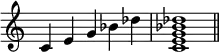 {\omit Staff.TimeSignature \time 5/4 c'4e'g'bes'des'' \time 4/4 <c'e'g'bes'des''>1 \bar "||"}