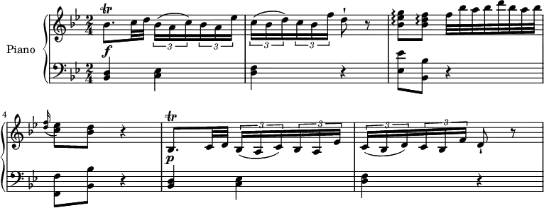 
\version "2.18.2"
\header {
  tagline = ##f
}
upper = \relative c' {
  \clef treble 
  \key bes \major
  \time 2/4
  \tempo "Allegro"
  \tempo 4 = 60

   bes'8. \trill \f c32 d \tuplet 3/2 {bes16 (a c )} \tuplet 3/2 { bes16 a ees')}
   \tuplet 3/2 {c16 (bes d )} \tuplet 3/2 { c16 bes f')} d8-! r
   <bes ees g> \arpeggio <bes d f> \arpeggio f'32 bes a bes d bes a bes
    \grace <d, f>16 (<c ees>8) <bes d> r4
    bes,8.  \trill \p c32 d \tuplet 3/2 {bes16 (a c )} \tuplet 3/2 { bes16 a ees')}
   \tuplet 3/2 {c16 (bes d )} \tuplet 3/2 { c16 bes f')} d8-! r
}

lower = \relative c {
  \clef bass
  \key bes \major
  \time 2/4
  <bes d>4 <c ees> <d f> r 
  <ees ees'>8 <bes bes'> r4
  <f f'>8 <bes bes'> r4
  <bes d>4 <c ees> <d f> r
} 

\score {
  \new PianoStaff <<
    \set PianoStaff.instrumentName = #"Piano"
    \new Staff = "upper" \upper
    \new Staff = "lower" \lower
  >>
  \layout {
    \context {
      \Score
      \remove "Metronome_mark_engraver"
    }
  }
  \midi { }
}
