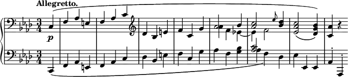 
 \relative c' {
  \new PianoStaff <<
   \new Staff { \key f \minor \time 3/4 \tempo "Allegretto." \partial 4 \clef bass
    <<
     {
      c,4( f aes e f aes c \clef treble des bes e f c g'
      aes2 bes4 <c aes>2 \grace es8 <des bes>4 <c aes es>2_\( <bes g des>4) \) <aes c,> b\rest
     }
    \\
     { s4 s2. s s s aes4 f es!~ es f2 }
    >>
   }
   \new Dynamics {
    s4\p 
   }
   \new Staff { \key f \minor \time 3/4 \clef bass \partial 4
    <<
     {
      c,,_\( f aes e f aes c \stemDown des \stemUp bes \stemDown e f \stemUp c \stemDown g'
      aes f <bes g> aes f\) des es \stemUp es, es aes-. aes,-.
     }
    \\
     { s4 s2. s s s s \stemUp <c'' aes>2 }
    >>
   }
  >>
 }
