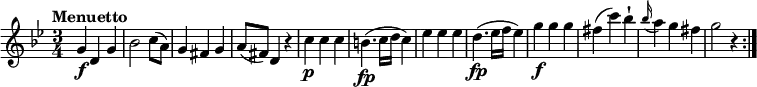 \relative c''' {
\version "2.18.2"
\tempo "Menuetto"
\key bes \major
\time 3/4
g,4\f d g
bes2 c8 (a)
g4 fis g
a8 (fis) d4 r4
c'4\p c c
b4.\fp (c16 d c4)
ees ees ees
d4.\fp (ees16 f ees4)
g4\f g g
fis (c') bes-!
\grace bes16 (a4) g fis
g2 r4\bar ":|."
}