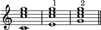 {\omit Staff.TimeSignature \textLengthOn <c'c''e''g''>1^"基本形" <e'c''e''g''>^"第1転回形" <g'c''e''g''>^"第2転回形" \bar "||"}