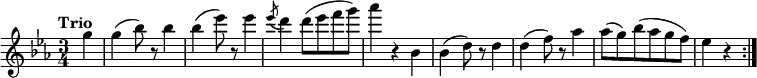 \version "2.18.2"
\relative c'' {\set Staff.midiInstrument = #"violin"
\key es \major
\time 3/4
\tempo "Trio"
\tempo 4 = 152
\partial 4 g'4
g (bes8) r bes4
bes (es8) r es4
\acciaccatura es8 d4 d8 (es f g)
aes4 r bes,,
bes (d8) r d4
d (f8) r aes4
aes8 (g) bes (aes g f)
es4 r \bar ":|."
}