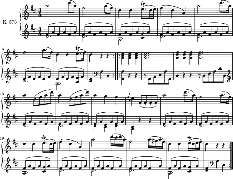 
\version "2.18.2"
\header {
  tagline = ##f
}
upper = \relative c'' { 
        \version "2.18.2"
         \clef "treble"          
         \key d \major
         \time 3/4 
         \tempo 4 = 120                 
         \set Staff.midiInstrument = #"piano"

  \repeat volta 2 {
    a'2 d8 (a)
    fis2 a8 (fis)
    d4 d e8.  \trill (d32 e)
    fis4 (d a)
    a'2 d8. (a16)
    fis2 a8. (fis16)
    d4 d e8. \trill (fis16)
    d4 r r
          }
  \repeat volta 2 { 
    \repeat  unfold 3 {<a cis e>4}
    <a cis e>2.
    \repeat  unfold 3 {<a d fis>4}
    <a d fis>2.
    \repeat  unfold 2 {a'4 d,8 (fis a d)}
    a4 g fis
    \grace fis16 (e4) a,8-. (a-. a-. a-.)
    a'2 d8. (a16)
    fis2 a8. (fis16)
    d4 d e8. \trill (d32 e)
    fis4 (d a)
    a'2 d16 (cis d a)
    fis2 a16 (gis a fis)
    d4 d e16\mordent (d e fis)
    d4 r r
       }
}
lower = \relative c {
        \clef "bass" 
        \key d \major
        \time 3/4 
        \set Staff.midiInstrument = #"piano"
        \set Staff.midiMinimumVolume = #0.2 
        \set Staff.midiMaximumVolume = #0.5
  \repeat volta 2 { \clef "treble"
     \repeat  unfold 2 { <<{\stemDown d'2.} \\ {\stemUp fis8 ^(a fis a fis a)}>> }
     <<{\stemDown a,2.} \\ {\stemUp fis'8 ^(a fis a <cis, g'> a')}>>
     \repeat  unfold 3 { <<{\stemDown d,2.} \\ {\stemUp fis8 ^(a fis a fis a)}>> }
     <<{\stemDown a,2.} \\ {\stemUp fis'8 ^ (a fis a <cis, g'> a')}>>
     <d, fis>4  \clef "bass" a d,
  } 
  \repeat volta 2 {
    <a a'>4 r r
    r8 a cis e a a,
    d4 r r
    r8 d fis a d d,
    \clef "treble"
    \repeat  unfold 2 { <<{\stemDown d'2.} \\ {\stemUp fis8 ^(a fis a fis a)}>> }
    <<{\stemDown d,4 cis d a} \\ {\stemUp fis'8 ^(a e a fis a) cis,4 }>> r4 r
    \repeat  unfold 2 { <<{\stemDown d2.} \\ {\stemUp fis8 ^(a fis a fis a)}>> }
    <<{\stemDown a,2.} \\ {\stemUp fis'8 ^(a fis a <cis, g'> a')}>>
    \repeat  unfold 3 { <<{\stemDown d,2.} \\ {\stemUp fis8 ^(a fis a fis a)}>> }
    <<{\stemDown a,2.} \\ {\stemUp fis'8 ^ (a fis a <cis, g'> a')}>>
    <d, fis>4  \clef "bass" a d,
}
}

\score {
  \new PianoStaff <<
    \set PianoStaff.instrumentName = #"K. 573"
    \new Staff = "upper" \upper
    \new Staff = "lower" \lower
  >>
  \layout {
    \context {
      \Score
      \remove "Metronome_mark_engraver"
    }
  }
  \midi { }
}
