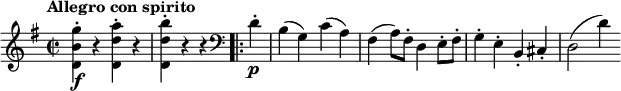 \relative g'' {\set Staff.midiInstrument = #"violin"
\key g \major \time 2/2
\tempo "Allegro con spirito"
\tempo 4 = 190
<g b, d,>4-. \f r <a d,d,>-. r
<b d, d,>4-. r r \bar ".|:" \clef "bass" d,,-. \p
b4( g) c( a)
fis4( a8) fis-. d4 e8-. fis-.
g4-. e-. b-. cis-.
d2( d'4)
}