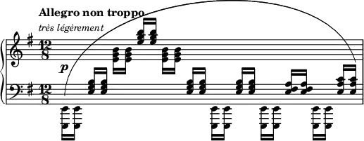 
\relative c, {
  \new PianoStaff <<
   \new Staff = "R" { \key e \minor \time 12/8 \set Score.tempoHideNote = ##t \tempo \markup {
     \column {
      \line { Allegro non troppo }
      \line { \normal-text \italic { \smaller { très légèrement } } }
     }
    }  4.=80
    \change Staff = "L" \stemDown <e e,>16^( [ q] \stemUp <b'' g e>[ q]
    \change Staff = "R" \stemDown <b' g e>[ q] \stemUp <b' g e>[ q]
    \stemDown <b, g e>[ q] \change Staff = "L" \stemUp <b, g e>[ q]
    \stemDown <e,, e,>[ q] \stemUp <b'' g e>[ q] \stemDown <e,, e,>[ q]
    \stemUp <a' fis e>[ q] \stemDown <e, e,>[ q] \stemUp <c'' a e>[ q] )
   }
   \new Dynamics {
    s8\p
   }
   \new Staff = "L" { \key e \minor \time 12/8 \clef bass
    s1.
   }
  >>
 }
