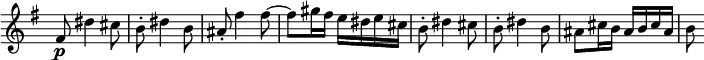 \relative c' \new Staff \with { \remove "Time_signature_engraver" } { \key g \major \time 2/4
fis8\p dis'4 cis8 b-. dis4 b8 ais-. fis'4 fis8~ fis gis16 fis e dis e cis
b8-. dis4 cis8 b-. dis4 b8 ais cis16 b ais b cis ais b8
}