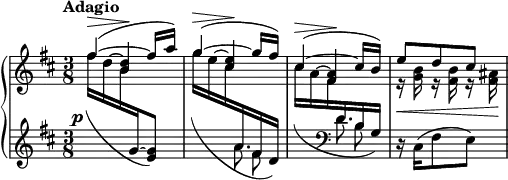 
 \relative c' {
   \new PianoStaff <<
    \new Staff = "upper" {
      \time 3/8
      \key b \minor
      \tempo "Adagio"
      \clef "treble"
      <<
        \new Voice \relative c'' {
          \voiceOne fis4~( fis16 a) | g4~( g16 fis) | cis4~( cis16 b) | e8 d cis |
        }
        \new Voice \relative c'' {
          \voiceThree 
          s16^\> \voiceTwo \hide Stem d^~ \voiceThree \undo \hide Stem <b d>4\! | 
          s16^\> \voiceTwo \hide Stem e^~ \voiceThree \undo \hide Stem <cis e>4\! | 
          s16^\> \voiceTwo \hide Stem a^~ \voiceThree \undo \hide Stem <fis a>4\! | 
          \voiceTwo r16 <g b> r <fis b> r <fis ais> | 
        }
      >>
   }
   \new Dynamics { s4.-\markup{\hspace #-2 \dynamic "p"} | s4. | s4. | s4\< s16 s16\! |}
   \new Staff = "lower" { 
      \time 3/8
      \key b \minor
      \mergeDifferentlyDottedOn
      <<
        \new Voice \relative c'' {
          \shape #'((0 . 1) (0 . 0) (0 . -0.6) (0 . 0)) Slur
          \change Staff = "upper" \voiceTwo fis16( d b \change Staff = "lower" \voiceOne g~ <e g>8) |
          \shape #'((0 . 0) (-0.3 . -2) (-0.6 . -3) (0 . -1)) Slur
          \change Staff = "upper" \voiceTwo g'16( e cis \change Staff = "lower" \voiceOne a fis d) | 
          \shape #'((0 . -2) (-1 . -3.5) (-0.5 . -3) (0 . -1.5)) Slur
          \change Staff = "upper" \voiceTwo cis'16( a fis \change Staff = "lower" \voiceOne d b g) | 
          \oneVoice r16 cis,( fis8 e) |
        }
        \new Voice \relative c'' {
          \clef "treble" s4. | s8. << { \voiceTwo a8. } \\ { \voiceFour s16 fis8 } >> | 
          s8. \clef "bass" << { \voiceTwo d8. } \\ { s16 b8 } >> | 
        }
      >>
   }
  >>
 }
