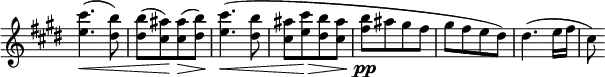 
 \relative c' \new Staff \with { \remove "Time_signature_engraver" } { \key e \major \time 2/4
  <cis'' e,>4.\<( <b dis,>8) <b dis,>[( <ais cis,>\!) <ais cis,>\>( <b dis,>)] <cis e,>4.\<( <b dis,>8 <ais cis,>[ <cis e,>\> <b dis,> < ais cis,>] <b fis>\pp[ ais gis fis] gis[ fis e dis])
 dis4.( e16 fis cis8)
 }
