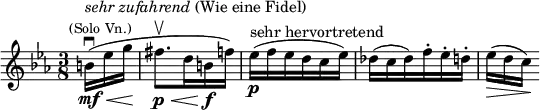  \relative c'' { \clef treble \time 3/8 \key c \minor \partial 16*3 b16\downbow\mf(\<^\markup{ \column { \line { \italic "sehr zufahrend" (Wie eine Fidel) } \line { \center-align \smaller {(Solo Vn.)}} }} ees g\! | fis8.\upbow\p\< d16 b\!\f f') | ees(\p^\markup "sehr hervortretend" f ees d c ees) | des( c des) f-. ees-. d-. | ees(\>[ d c\!)] } 