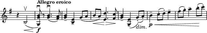 \relative c' \new Staff \with { \remove "Time_signature_engraver" } {
\set Score.tempoHideNote = ##t \tempo "" 4=140 \key e \minor \time 3/4
r4 b2\upbow \< ( \tempo "Allegro eroico"
<b' g g,>8) \f \downbow r <b g>4. \downbow ( <a fis>8) <b g>4-- <e, b>-- g8( a
b\< a) <d e,>4.\> <c fis,>8\! <b g>4-- <e, g,>--( g8-.)\dim ( a-.\! )
b4--\p \< c8-.( d-.) e4-- fis8-.( g-.) a4-- b8-.\! ( c-.)
}