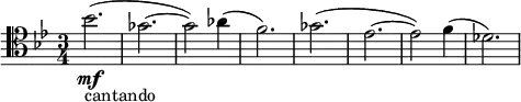  \relative f' { \clef tenor \key g \minor \time 3/4 bes2.\mf-\markup { cantando }( | ges~ | ges2) as4( | f2.) | ges2.( | es~ | es2) f4( | des2.) }