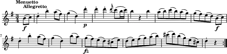 
\version "2.18.2"
\relative c'' {
  \key g \major
  \time 3/4
  \tempo "Menuetto"
  \tempo 4 = 142
  \partial 4 b8\f^\markup {\bold Allegretto} (c)
  d4-. b'-. a8 (fis)
  g4 (d) d'-.\p 
  d-. d-. \grace d16 (c8) (b16 c)
  b4 r b 
  a8 (b) c (b) a (g)
  g [(fis) e (d)] b\f [(c)]
  d4-. b'-. a8 (fis)
  g4 (d) b'8 (a) 
  g\fz (fis) e (d) cis (e)
  d (e) fis (g) a (b)
  cis (d) b (g) e (cis)
  d4-. r \bar ":|."
}
