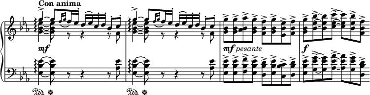 
\relative c' {
 \new PianoStaff <<
  \new Staff \with { \consists "Span_arpeggio_engraver" \remove "Time_signature_engraver" } {
   \key es \major \time 4/4 \tempo "Con anima"
   \override Score.NonMusicalPaperColumn #'line-break-permission = ##f
   \set Staff.connectArpeggios = ##t
   <<
    {
     g''4-> \arpeggio ~ g8[ \grace { f16_\( [ g] } f\) es-.] d( es) c-. d-. bes8-. c-.
     g'4-> \arpeggio ~ g8[ \grace { f16_\( [ g] } f\) es-.] d( es) c-. d-. bes8-. c-.
     \stemDown <g' bes, g>8-> <g bes, g>-> <aes bes, aes>-> <g bes, g>->
     <f bes, f>-> <g bes, g>-> <es bes es,>-> <f bes, f>->
     <g bes, g>-> <bes~ es,~ bes~>-> <bes es, bes> <c~ es,~ c~>->
     <c es, c>[ <bes es, bes>-> <f bes, f>-> ] 
    }
   \\
    {
     <es~ bes~ g~>4 \arpeggio <es bes g>8 r8 r4 e,8\rest f8
     <es'~ bes~ g~>4 \arpeggio <es bes g>8 r8 r4 e,8\rest f8
    }
   >>
   }
  \new Dynamics {
   s1^\markup \dynamic mf s s^\markup { \dynamic mf \italic pesante } s^\markup \dynamic f
  }
   \new Staff \with { \remove "Time_signature_engraver" } { \key es \major \time 4/4 \clef bass
   <es~ bes~ es,~>4 \arpeggio \sustainOn <es bes es,>8 \sustainOff r r4 r8 <es aes,>
   <es~ bes~ es,~>4 \arpeggio \sustainOn <es bes es,>8 \sustainOff r r4 r8 <es aes,>
   <es bes es,>-> <es bes es,>-> <f bes, f>-> <es bes es,>->
   <d bes d,>-> <es bes es,>-> <c bes c,>-> <d bes d,>->
   <es bes es,>-> <g~ es~ g,~>-> <g es g,> <aes~ es~ aes,~>->
   <aes es aes,>[ <g es g,>-> <d bes d,>-> ]
  }
 >>
}
