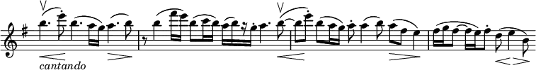 
\relative c''' \new Staff \with { \remove "Time_signature_engraver" } {
 \set Score.tempoHideNote = ##t \tempo "" 4=138 \key e \minor \time 6/4
 b4.\upbow _\markup { \italic cantando } ( \< e8-.\! ) b4.( a16 g) a4.( \> b8\! )
 r b4( fis'16 e) b8( c16 b) a[ ( b) r g-.] a4. b8~( \upbow \<
 b8*1/2[ s\! e8-.] ) b( a16 g) a8-. a4( b8) a\>( [ fis] e4\!)
 fis16( g fis8~ fis16 e) fis8-. d( \< e4\> b8\! )
}
