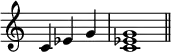 {\omit Staff.TimeSignature \time 3/4 c'4ees'g' \time 4/4 <c'ees'g'>1 \bar "||"}