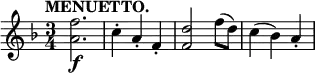 
\relative c'' {
  \tempo "MENUETTO." \key f \major \time 3/4
  <f a,>2.\f c4-. a-. f-. <d' f,>2 f8( d) c4( bes) a-.
}
