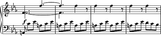 
 \relative c' {
  \new PianoStaff <<
   \new Staff \with { \remove "Time_signature_engraver" } { \key es \major \time 6/8
    <<
     { f4. f'4.~ f4. \stemDown f4 b,8\rest f'4 b,8\rest f'4 b,8\rest f'4 b,8\rest f'4 b,8\rest }
    \\
     { f2.~ f4. }
    >>
   }
   \new Dynamics {
    s4\f
   }
   \new Staff \with { \remove "Time_signature_engraver" } { \key es \major \time 3/4 \clef bass
    a,,8 c'[ es] a, c es a,[ c es] a, c es a,[ c es] a, c es a,[ c es] d c bes
   }
  >>
 }

