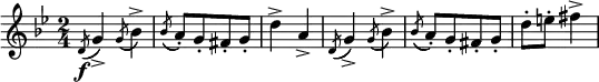 \relative c'' {
\time 2/4
\key g \minor
\acciaccatura d,8(\f g4->) \acciaccatura g8( bes4->) | \acciaccatura bes8( a8-.[) g-. fis-. g-.] | d'4-> a-> | 
\acciaccatura d,8( g4->) \acciaccatura g8( bes4->) | \acciaccatura bes8( a8-.[) g-. fis-. g-.] | d'-. e-. fis4-> |
}