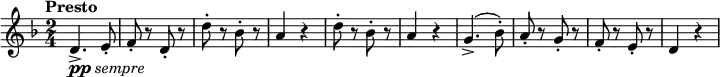 \relative c' {
\key d \minor
\time 2/4
\tempo "Presto"
d4.->-\markup{\dynamic "pp" \italic "sempre"} e8-. | f-. r d-. r | d'-. r bes-. r a4 r | d8-. r bes-. r a4 r |
g4.->( bes8-.) | a-. r g-. r | f-. r e-. r | d4 r | %g4.->( b8-.) | a-. r g-. r | f-. r e-. r | d4 r |
}