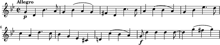 \relative c'' {
\version "2.18.2"
\key bes \major
\tempo "Allegro"
\time 2/2
\tempo 4 = 140
g4 \p d bes'4. a8
g4 bes (a g)
fis d c'4. bes8
a4 c (bes a)
g bes ees4. d8
c4 a d4. c8
bes4 g ees cis
d! c' (bes a)
g8\f d'4 d d d8~ d4 g (fis g)
}