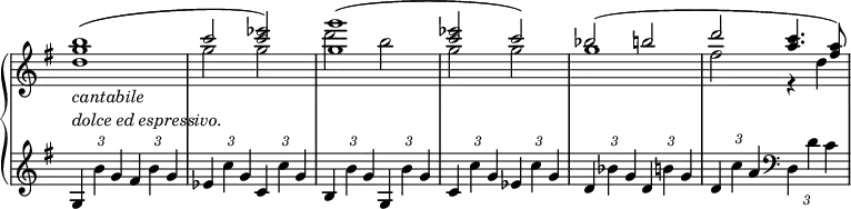 \relative c' {
\new PianoStaff <<
\new Staff \with { \remove "Time_signature_engraver" } { \key g \major \time 2/2
<<
{
<b'' g d>1_\markup{
\column {
\line { \italic cantabile }
\line { \italic { dolce ed espressivo. } }
}
}
( c2 <es c>) <g g,>1( <es c>2 c) bes2( b d <c a>4. <a fis>8) }
\\
{ s1 g2 g d' b g g g1 fis2 r4 d }
>>
}
\new Staff \with { \remove "Time_signature_engraver" } { \key g \major \time 2/2
\override TupletBracket#'bracket-visibility = ##f
\times 2/3 { g,,4 b' g } \times 2/3 { fis b g } \times 2/3 { es c' g } \times 2/3 { c, c' g } \times 2/3 { b, b' g } \times 2/3 { g, b' g }
\times 2/3 { c, c' g } \times 2/3 { es c' g } \times 2/3 { d bes' g } \times 2/3 { d b' g } \times 2/3 { d c' a } \clef bass \times 2/3 { d,, d' c }
}
>>
}