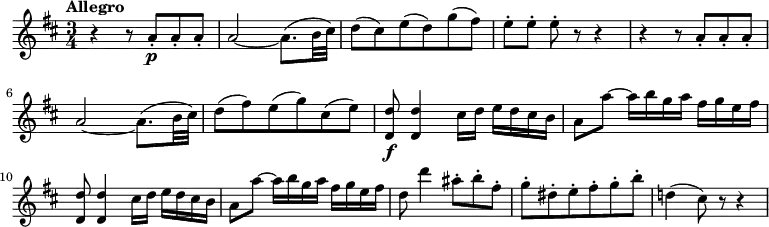 
\version "2.18.2"
\relative c'' {
  \key d \major
  \time 3/4
  \tempo "Allegro "
  \tempo 4 = 134
  r4 r8 a-.\p a-. a-.
  a2 ~ a8. (b32 cis)
  d8 (cis) e (d) g (fis)
  e-. [e-.] e-. r r4
  r4 r8 a,-. a-. a-.\break
  a2 ~ a8. (b32 cis)
  d8 (fis) e (g) cis, (e)
  <d, d'>8\f <d d'>4 cis'16 d e d cis b
  a8 a' ~ a16 b g a fis g e fis
  <d, d'>8 <d d'>4 cis'16 d e d cis b
  a8 a' ~ a16 b g a fis g e fis
  d8 d'4 ais8-. b-. fis-.
  g-. dis-. e-. fis-. g-. b-.
  d,!4 (cis8) r r4
}
