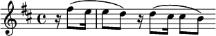  \relative c'' {\time 4/4 \key b \minor \set Score.tempoHideNote = ##t \tempo "" 4 = 60 \partial 4 r16 fis8( e16 e8 d) r16 d8( cis16 cis8[ b])} 