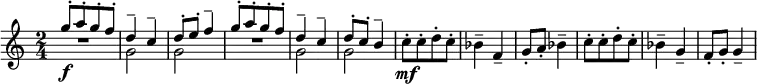 
\relative c'' {  
   \new Staff  
   { \key c \major  \time 2/4 
    << 
     { \voiceOne | 
     g'8-.\f[ a-. g-. f-. ] | d4-- c-- | d8-. e-. f4-- |
     g8-.[ a-. g-. f-. ] | d4-- c-- | d8-. c-. b4-- |}
 \new Voice { 
     R2 | \stemDown g2 | g2 | R2 | g2 |g2 |}
   >> \oneVoice
     c8-.\mf[ c-. d-. c-. ] | bes4-- f-- | g8-. a-. bes4-- |
     c8-.[ c-. d-. c-. ] | bes4-- g-- | f8-. g-. g4-- | }
   }

