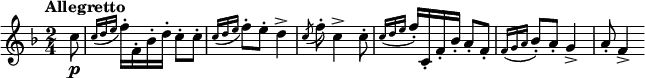 \relative c'' {
\key f \major
\time 2/4
\tempo "Allegretto"
\partial 8
c8\p | \acciaccatura { c16 d e } f16-. f,-. bes-. d-. c8-. c-. | \acciaccatura { c16 d e } f8-. e-. d4-> | \acciaccatura c8 f-. c4-> c8-. |
\acciaccatura { c16 d e } f16-. c,-. f-. bes-. a8-. f-. | \acciaccatura { f16 g a } | bes8-. a-. g4-> | a8-. f4->
}