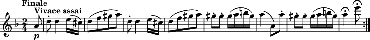 
\version "2.18.2"
\relative c'' {\set Staff.midiInstrument = #"violin"
  \key d \minor
  \time 2/4
  \tempo "Finale"
  \tempo 4 = 146
  \partial 8 a8^\markup\bold{Vivace assai}\p
  d-. d4 e16 (cis)
  d8 ([f gis a])
  d,-. d4 e16 (cis)
  d8 ([f gis a])
  gis-. gis-. gis16 (a b gis) 
  a4 (a,8) a'-.
  gis-. gis-. gis16 (a b gis) 
  a4\fermata e'8\fermata \bar ":|."
}

