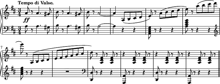 \relative b' {
\new PianoStaff <<
\new Staff {
\key b \minor \time 3/4
\set Score.tempoHideNote = ##t
\tempo "Tempo di Valse." 2. = 64
a8\ff r a4. gis8 | b r a4. gis8 | b r a2 ~ | a4 a,8( b cis d | e) r a( b cis d | e) r a( b cis d | e) r a,,,( b cis d | e fis g a b cis |
d) r <a, d fis>8 r <a d fis> r | r4 <a d fis>8 r <a d fis> r | r4 <a d fis>8 r <a d fis> | r r4 <a d fis>8 r <a d fis> r | \bar "||"
}
\new Staff {
\key b \minor \time 3/4 \clef bass
a8 r a4. gis8 | b r a4. gis8 | b r a2 ~ | a4 r4 r | <g e cis a>8 r r4 r | <a cis e g>8 r r4 r | \clef treble <a' cis e g>8 r r4 r | R2. |
\clef bass <d,,, d'>8 r r4 r | <a a'>8 r r4 r | <d d'>8 r r4 r | <a a'>8 r r4 r |
}
>>
}