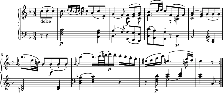 
\version "2.18.2"
\header {
  tagline = ##f
}
upper = \relative c' {
         \clef "treble" 
         \tempo " Andante cantabile"
         \key f \major
         \time 3/4 
         \tempo 4 = 54
     \partial 4. c'8-. _ \markup {dolce} (c-. c-.)
     c8. \grace { d32 ( c b c} f16) c8-! a (c e,)
     g4 (f8)   <<{\stemDown c4\f c8 f4. g,8\rest b4 c2 s4} \\ {\stemUp f8 ^(<e g>8 <f a>) bes8. ^(c32 d) c8-! f, ^(e f) <f a>4 ^(<e g>8)  g8-. (g-. g-.)}>>
     \grace g32 (g'8.) (d32 b) g8 g8-.\f (g-. g-.)
     \grace g32 (g'4) (g16.) a64 (b c16 \p) b-. a-. g-. f-. e-.
      cis (d f a)  <<{\stemDown s4. b,8} \\ {  \stemUp c4. ^( e16 d)}>>
      c4 r8 \bar ":|."
}

lower =\relative c {      
         \clef "bass" 
         \key f \major
         \time 3/4 
       \partial 4. r8 r4
        <f a c>2 \p <c g' bes>4
        <<{\stemDown d4. } \\ {\stemUp bes'4 ^(a8) }>> <a, a'>8 (<g g'> <f f'>)
        <d' d'> ^(<bes bes'>) <a a'-!> r d4\p
        c2    \clef "treble"  <c'e>4 <b d f>2 <c e>4
         \clef "bass" <d, f b>4 (<e g c>) r4
        r8 <f a d>8\p  <<{\stemDown g2} \\ {\stemUp <c e>4 (<d f>)}>>
        <c e>4  c,8 \bar ":|."
  }          
\score {
  \new PianoStaff <<  
    \new Staff = "upper" \upper
    \new Staff = "lower" \lower
  >>
  \layout {
    \context {
      \Score
      \remove "Metronome_mark_engraver"
    }
  }
  \midi { }
}

