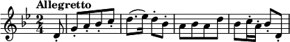  \relative c' {  \key g \minor \time 2/4 \tempo "Allegretto" \partial 8
         d8-. g-.[ a-. bes-. c-.] d8.( es16) d8-. bes-. a[ bes a d] bes c16-. a-. bes8-. d,-. }
