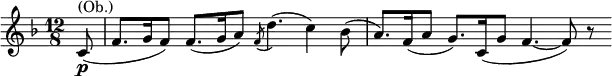 \relative c' \new Staff {
\key f \major \time 12/8 \partial 8
c8\p ^\markup (Ob.) ( f8. g16 f8) f8.( g16 a8) \acciaccatura f d'4.( c4) bes8(
a8.) f16( a8 g8.) c,16( g'8 f4.~ f8) r
}