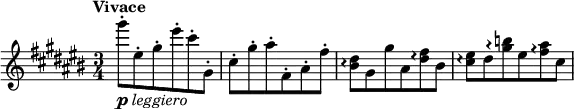 \relative c'' {
\tempo "Vivace"
\time 3/4
\key cis \major
gis''8-.-\markup{\dynamic "p" \italic "leggiero"} eis,-. gis-. eis'-. cis-. gis,-. | cis-. gis'-. ais-. fis,-. ais-. fis'-. |
<dis bis>\arpeggio gis, gis' ais, <dis fis>\arpeggio bis | <cis eis>\arpeggio dis <gis b>\arpeggio eis <fis ais>\arpeggio cis |
}