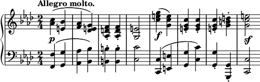 \relative c' {
\new PianoStaff <<
\new Staff { \key f \minor \time 2/4 \tempo "Allegro molto."
<c' aes>4\p( <bes e,> <aes f> <g e des>) <f d aes>-. <f d aes>-. <e g,>2
<g' e c>4\f^( <e c g>) <c g e>-. <c g e>-. <c g e>-. <d b g>-. <e c g>2\sf \bar ":|"
}
\new Staff { \key f \minor \time 2/4 \clef bass
<f,, f,>4( <g g,> <aes aes,> <bes bes,>) <b b,>-. <b b,>-. <c c,>2
<c, c,>4( <e e,> <g g,> <c c,>) <g g,>-. <g, g,>-. <c c,>2
}
>>
}