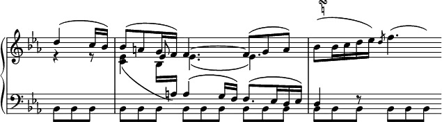 
 \relative c' {
  \new PianoStaff <<
   \new Staff = "up" \with { \remove "Time_signature_engraver" } { \key es \major \time 9/8 \partial 4.
  \override TextScript #'outside-staff-priority = ##f
    <<
     {
   \override DynamicLineSpanner #'staff-padding = #3.0
   \override TextScript #'avoid-slur = #'inside
      d'4( c16 bes) bes8( a g16 f) f4.~ f8( g a) \stemDown
      bes(^\markup    
           \override #'(baseline-skip . 1) {
            \null \halign #-1.5
            \tiny \center-column {
             \musicglyph #"scripts.turn"
             \natural
            }
           }
       bes16 c d es) \once \stemUp \slashedGrace d8 f4.*2/3( \hideNotes f8)
     }
    \\
     {
      r4 r8 <es, c>4( bes16 \change Staff = "down" \stemUp a)
      a4^\( g16 f\) f8.^\( es16 d es\) d4 f8\rest
     }
    \\
     { s4. s4 es'8 \stemDown es4._\( es\) }
    >>
   }
   \new Staff = "down" \with { \remove "Time_signature_engraver" } { \key es \major \time 9/8 \partial 4. \clef bass
    \stemDown bes,8[ bes bes] | bes[ bes bes] bes[ bes bes ] bes[ bes bes] |
    bes[ bes bes] bes[ bes bes]
   }
  >>
 }
