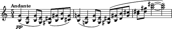 
\relative c' {
\key c \major
\time 5/4
\tempo "Andante"
\tempo 4 = 64
<b g'>4\pp ( < g e' > < b g' >8 < g e' > ) < gis dis' > [ ( < b gis' > < dis b' > < cis gis' > ) ]
<b g'!>4 ( < g! e' > < b g' >8 < g e' > ) < gis dis' > [ ( < b gis' > < dis b' > < gis cis > ]
< b dis > < dis gis > < gis b dis >2 ~ < gis b dis > )
}
