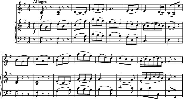 
\version "2.18.2"
\header {
  tagline = ##f
}
upper = \relative c'' {
  \key g \major
  \time 3/8
  \tempo 4 = 100
  \partial 8 d8\f  b (g d')  c (a d) b (d g) b (a g) fis (e) d-! d (c) b-! ~  b16 (a d c b a)
  g8 (fis) r <b, d> r r <a d> r r d (b d) g (fis g) g4. g4 (fis8)
  e16 (a g c b a) g8 r \bar ":|."
}
lower =      \relative c {
  \clef bass 
  \key g \major
  \time 3/8
  
  \partial 8  r8 g' r r fis r r g4 (b8) d (c b) c4 (b8) a (d, g) c,4.
  d4 r8 g r r fis r r g4 (b8) d (c b) c4 (b8) e4 (d8) 
  c d d, g [g,]  \bar ":|."
}
vl = \relative c'' {
  \key g \major
  \time 3/8
  \partial 8 r8 ^ \markup {\bold {"Allegro"} } <b, d>\f  r r
  <a d> r r d (b d) g (fis g) g4. e8 (fis g) e4 d16 (c)
  b8 (a) d' b (g d') c (a d) b (d g) b (a g) fis (e) d-! d (c) b-!
  a16 (c b e d fis,) g8 r \bar ":|."
}
\score {
  \new GrandStaff <<
    \new PianoStaff <<  
      \new Staff = "upper" \upper
      \new Staff = "lower" \lower
    >>
    \new Staff = "vl" \vl
  >>
  
  \layout {
    \context {
      \Score
      \remove "Metronome_mark_engraver"
    }
  }
  \midi { }
}
